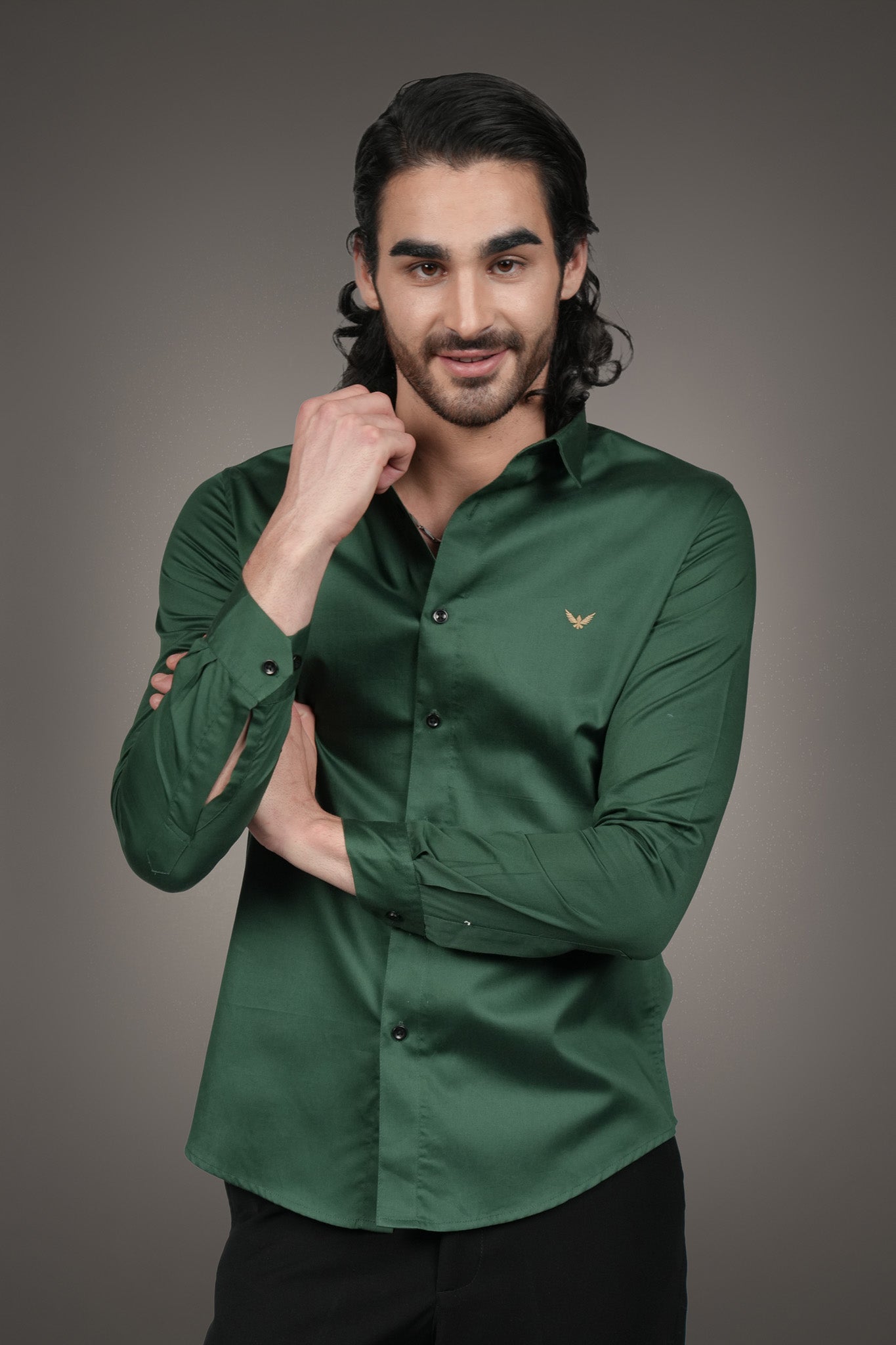 English Green Solid Cotton Satin Slim Fit Shirt