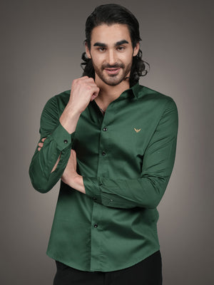 English Green Solid Cotton Satin Slim Fit Shirt