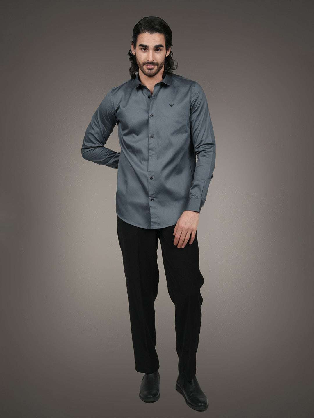 Dark Grey Solid Cotton Satin Slim Fit Shirt