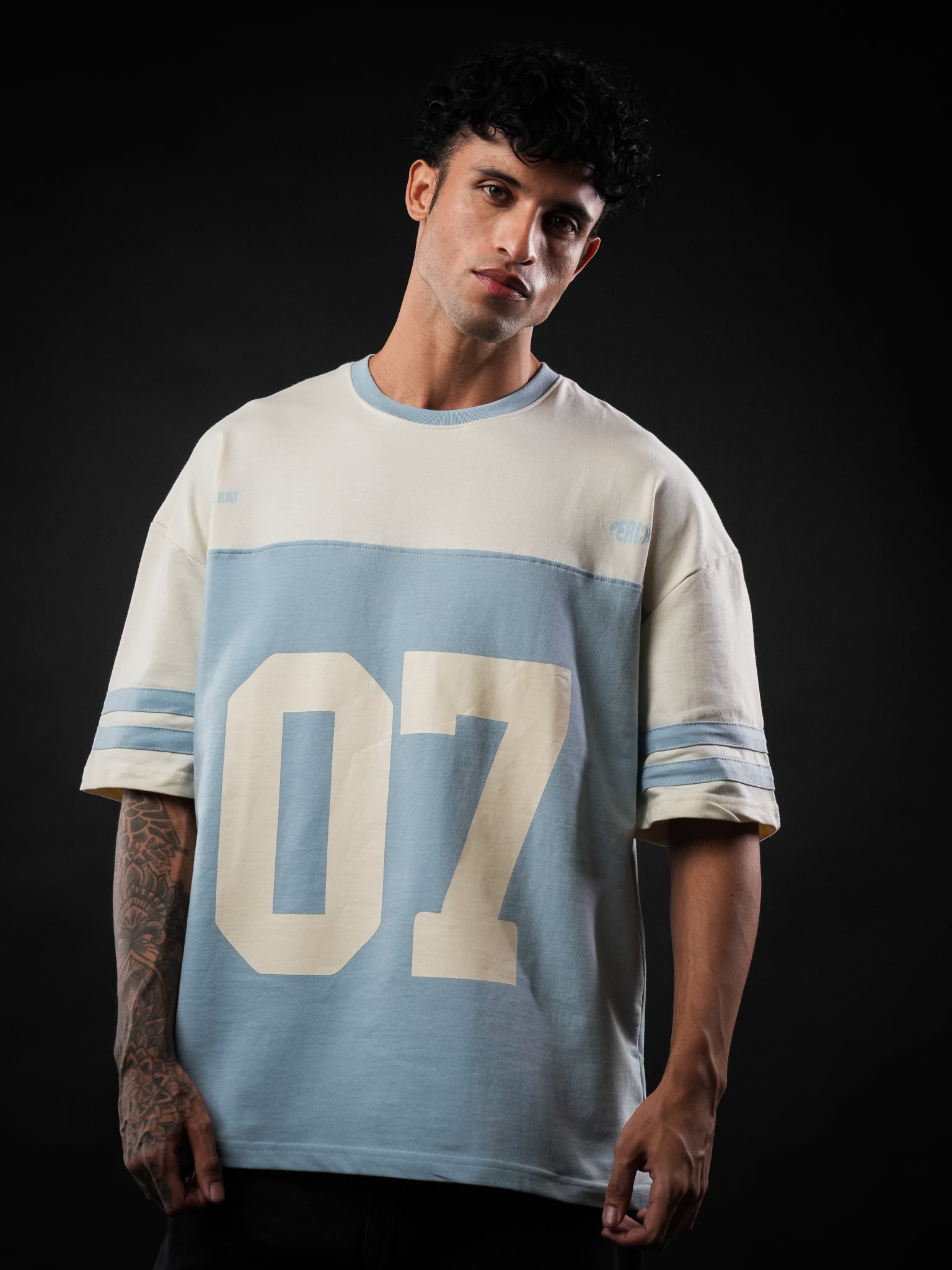 Sky Blue Cut & Sew 07 Cotton Oversized Tshirt for Men & Women