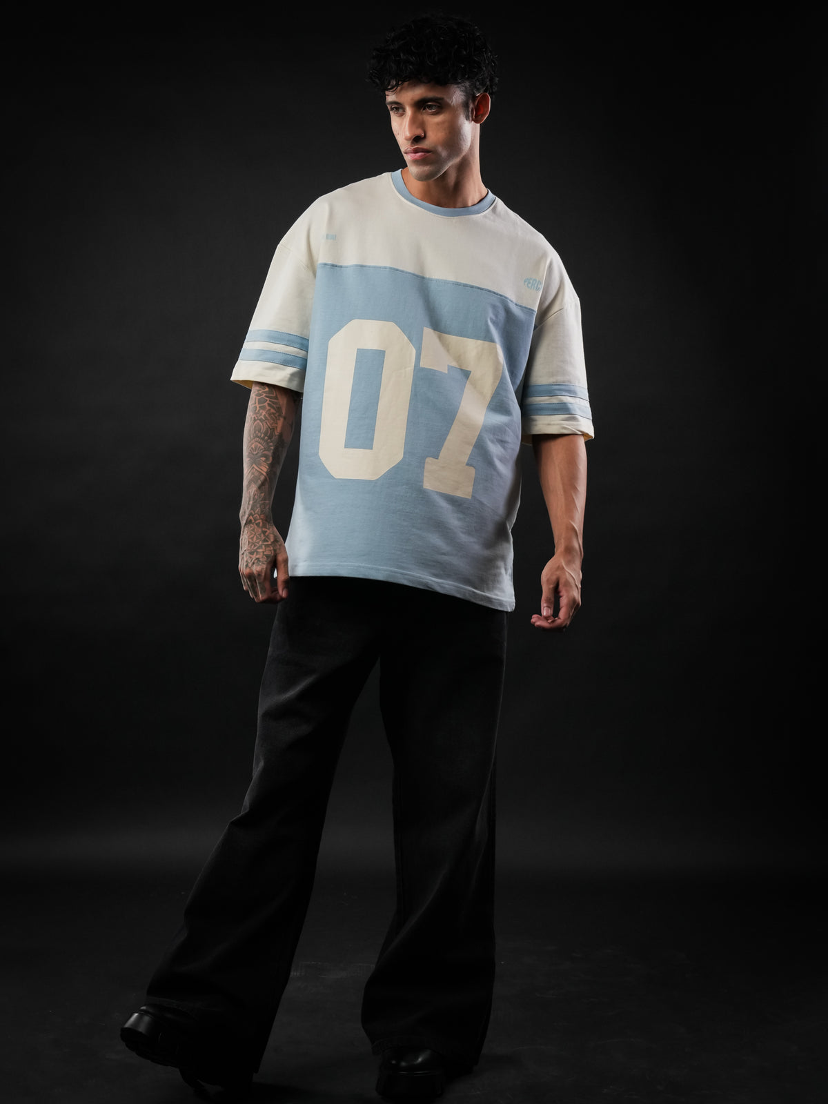 Sky Blue Cut & Sew 07 Cotton Oversized Tshirt for Men & Women