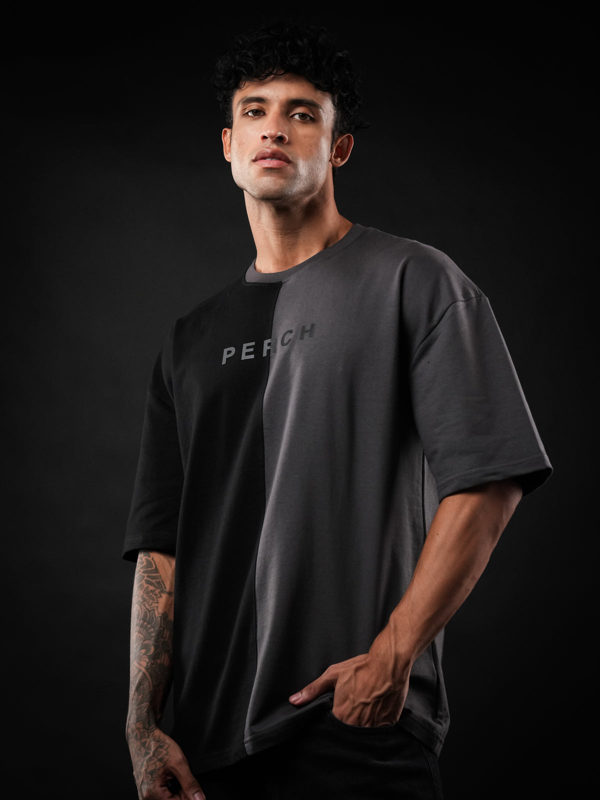 Black Grey Divider Oversized Tshirt