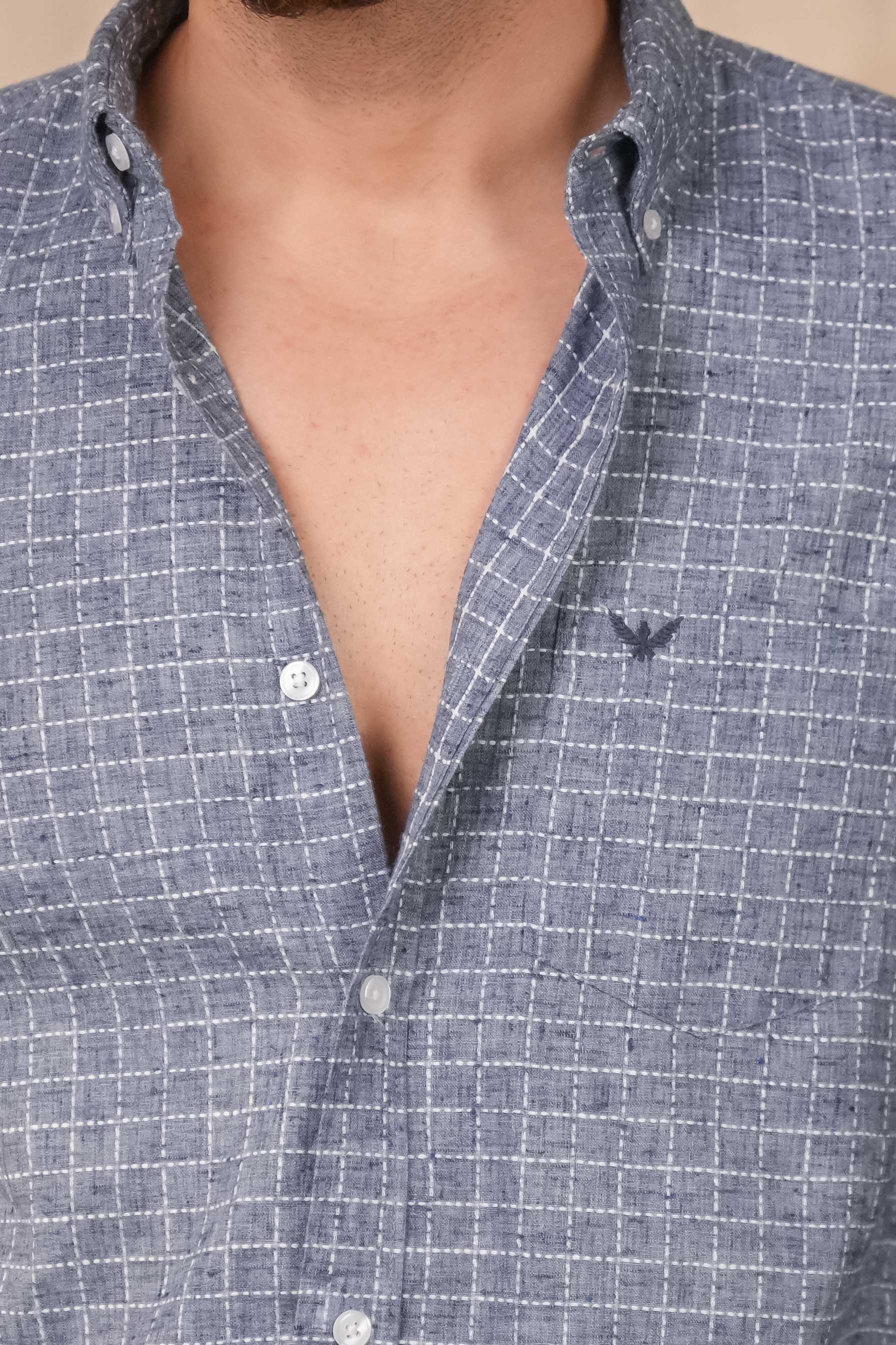 Denim Blue Checked Linen Cotton Slim Fit Shirt