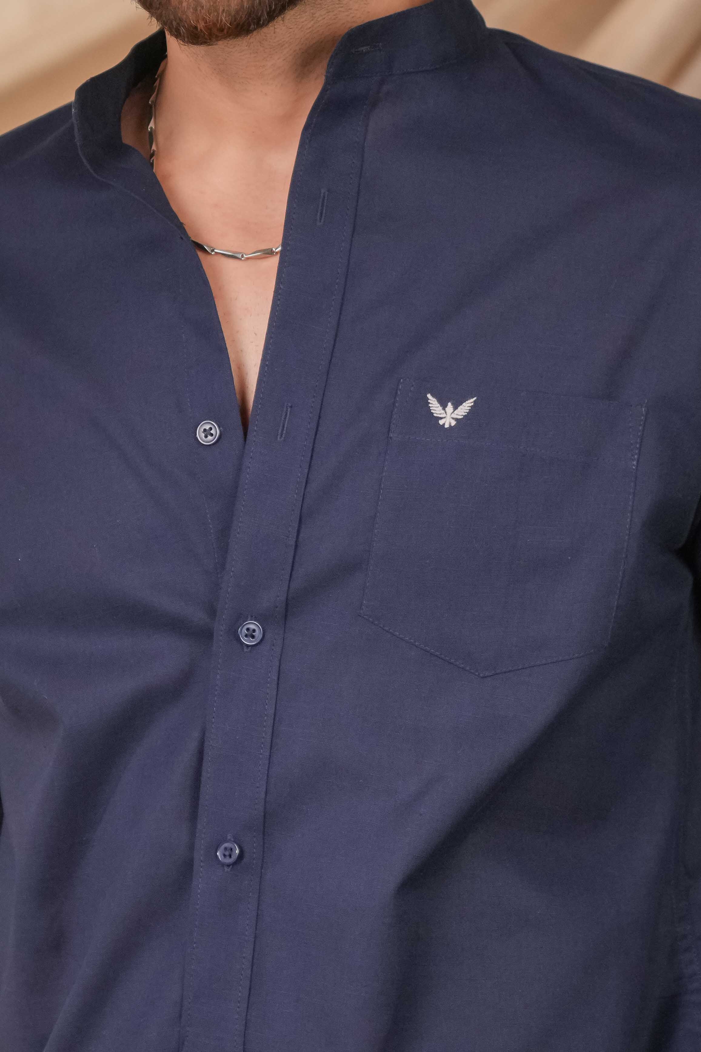 Navy blue Solid Pre-Washed Linen Cotton Slim Fit Shirt