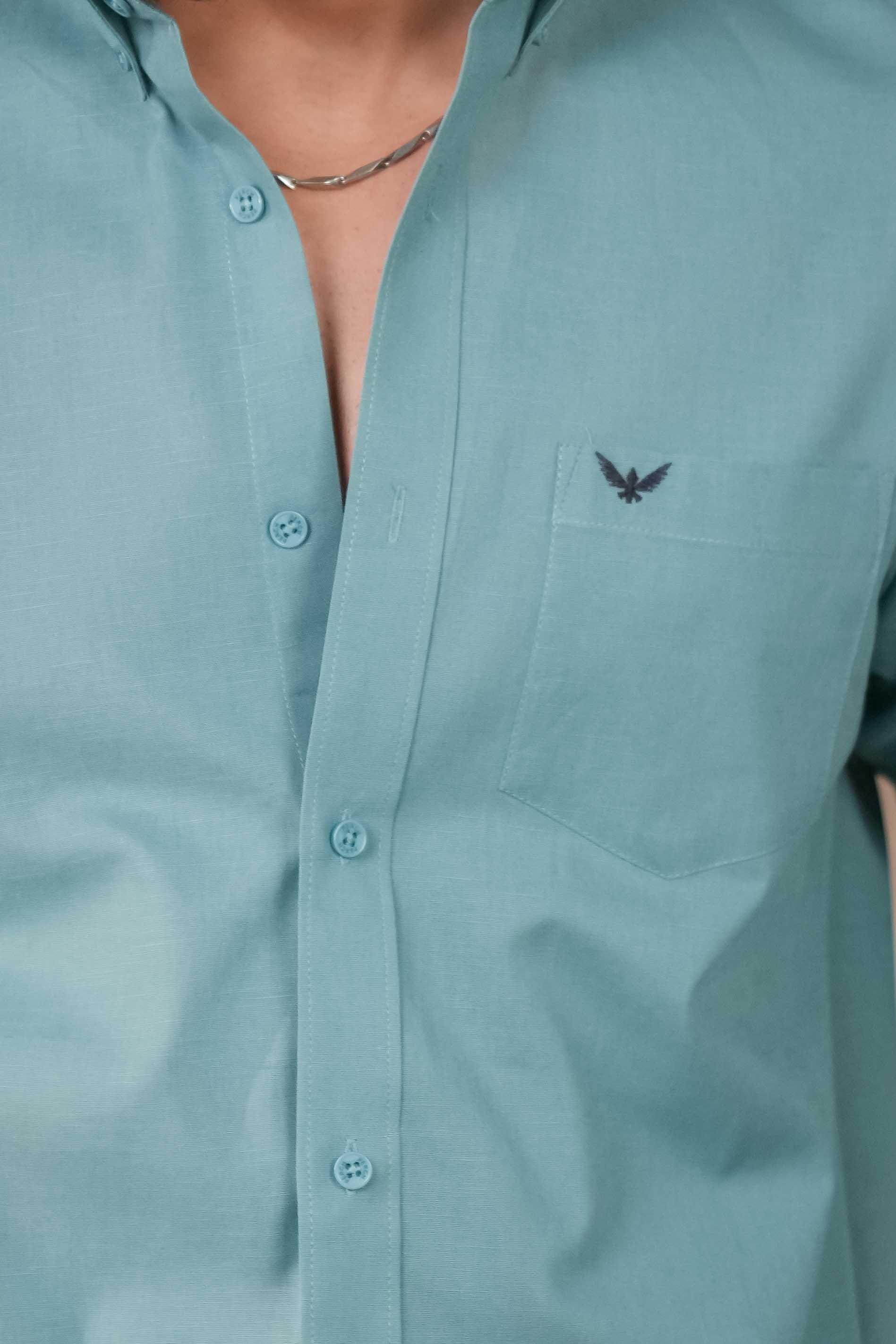 Turqoise Blue Solid Pre-Washed Linen Cotton Slim Fit Shirt