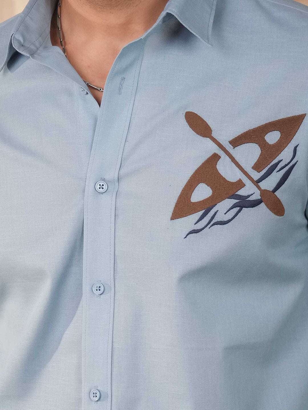 Aqua Blue Solid Linen Cotton Slim Fit Embroidery Printed Shirt