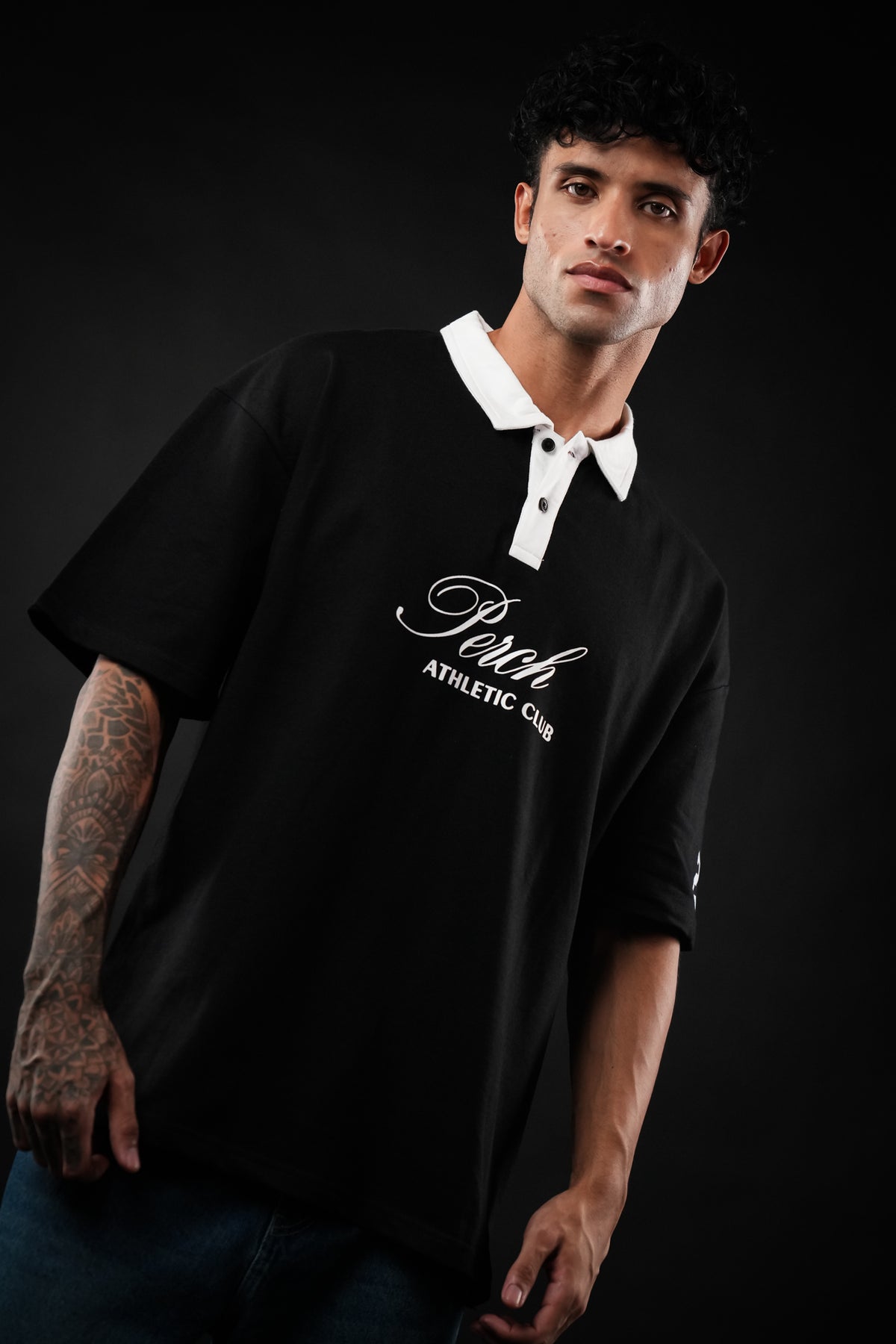 Black Perch Club Cotton Oversized Polo Tshirt for Men & Women