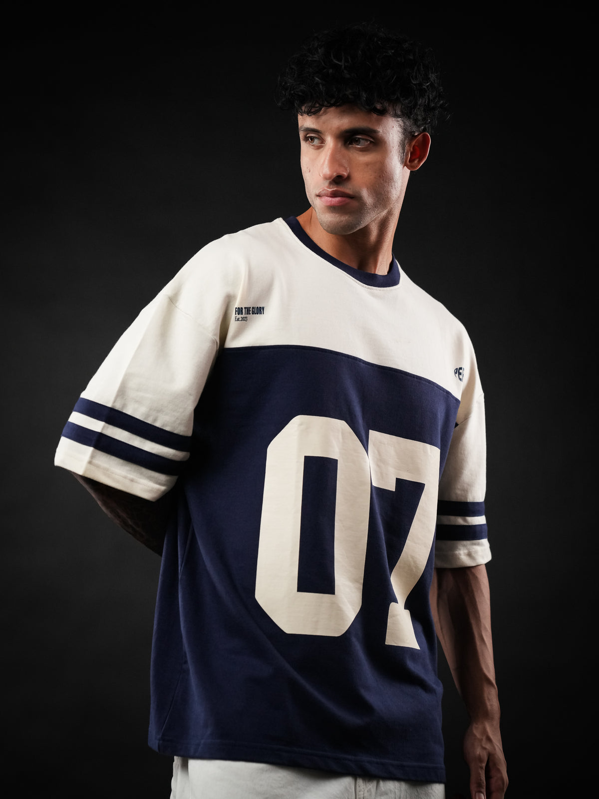 Navy Blue Cut & Sew 07 Cotton Oversized Tshirt for Men & Women