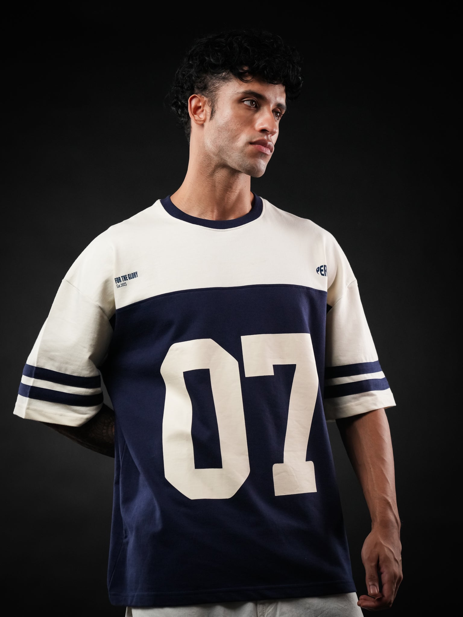 Navy Blue Cut & Sew 07 Cotton Oversized Tshirt for Men & Women