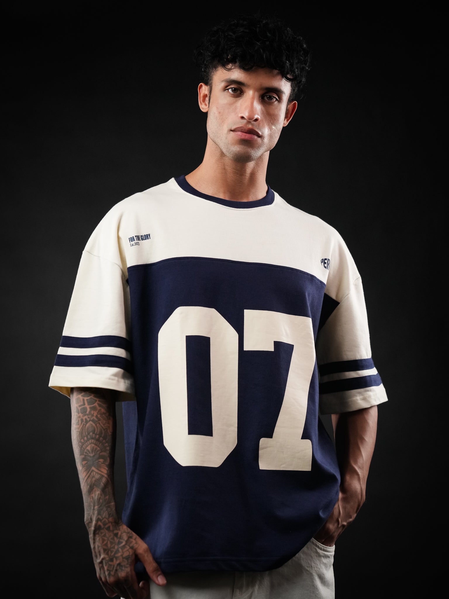 Navy Blue Cut & Sew 07 Cotton Oversized Tshirt for Men & Women