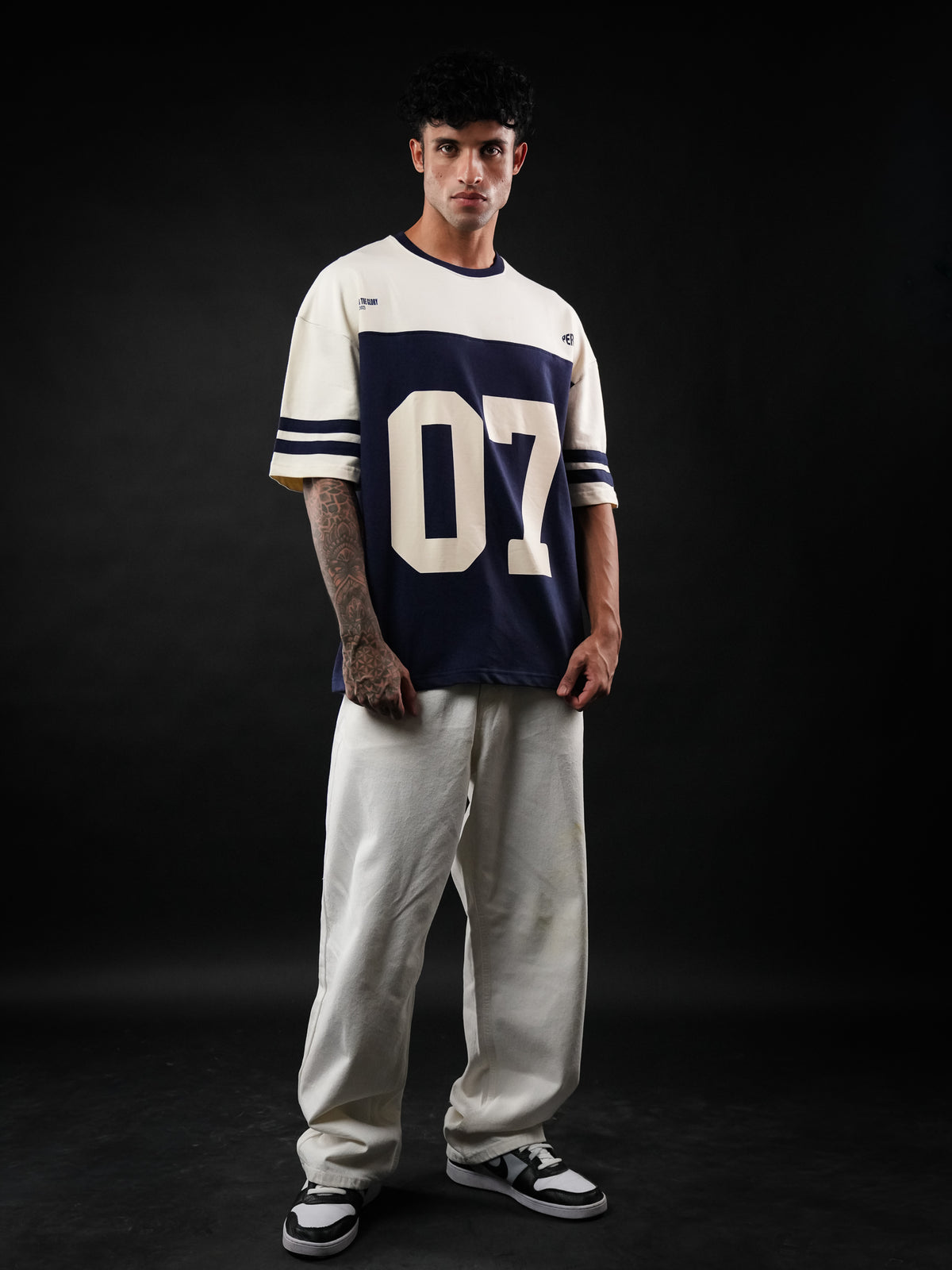 Navy Blue Cut & Sew 07 Cotton Oversized Tshirt for Men & Women