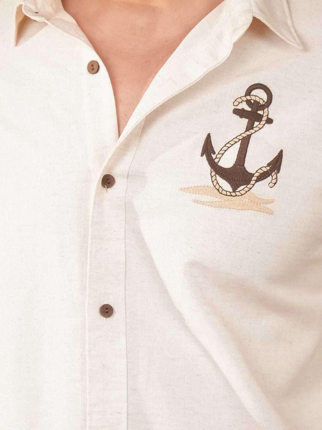 Beige Natural Grains Sparrow Embroidery Linen Cotton Shirt