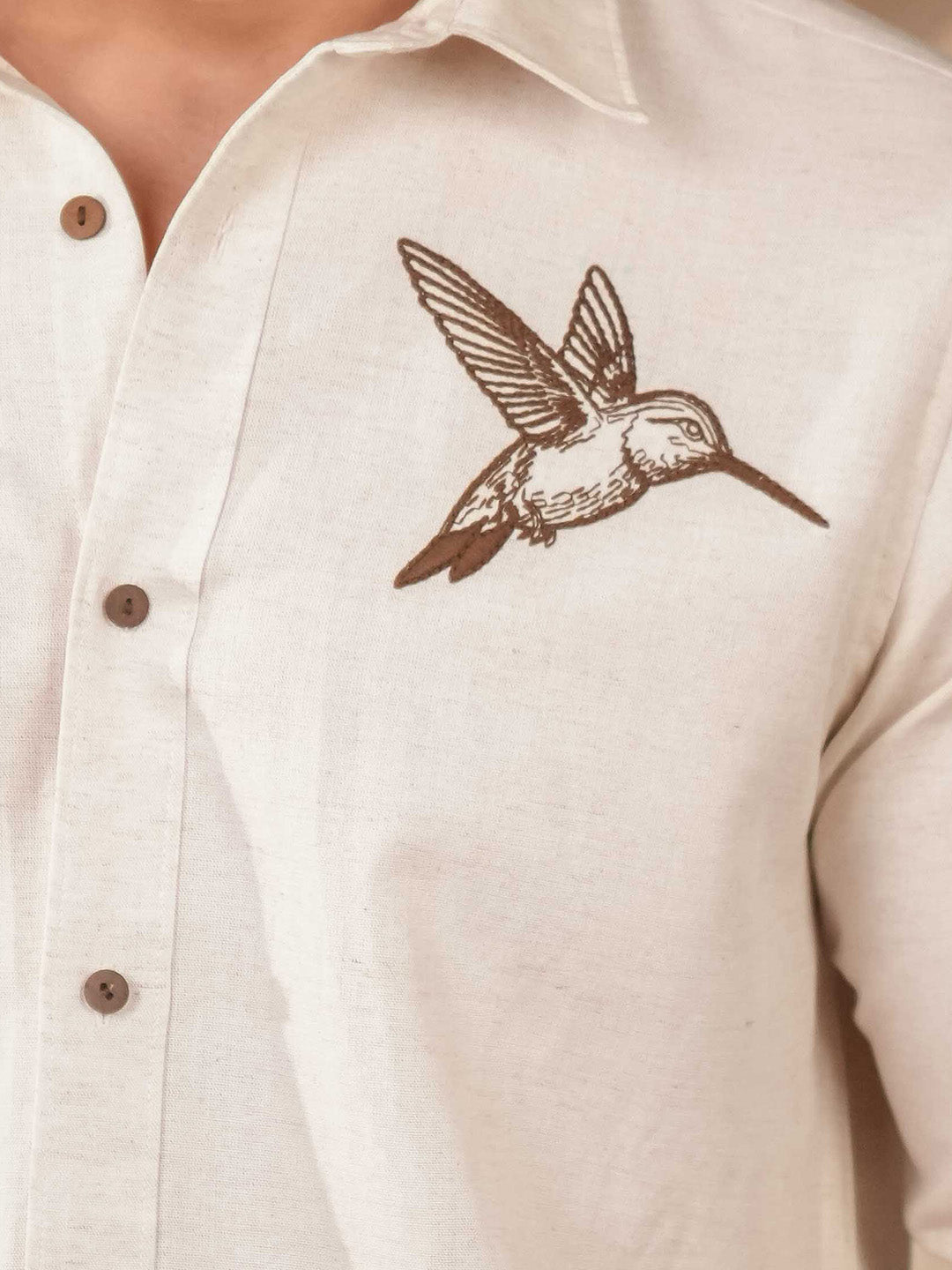 Beige Natural Grains Sparrow Embroidery Linen Cotton Shirt