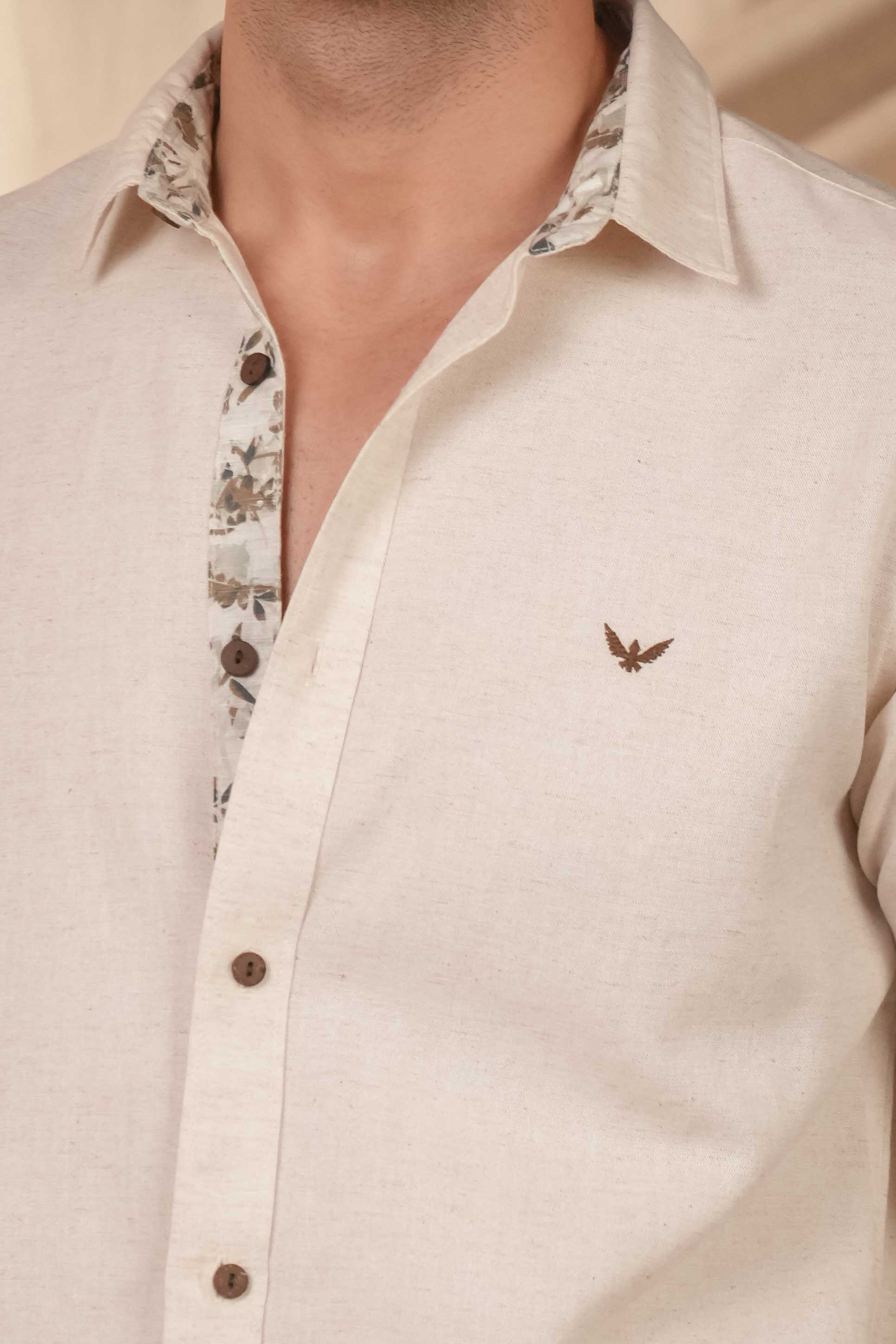 Beige Natural Grains Printed Linen Cotton Slim Fit Shirt
