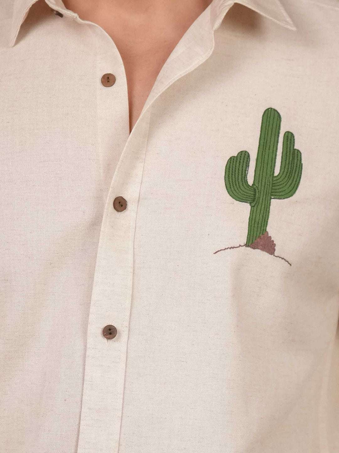 Beige Natural Grains Cactus Embroidery Linen Cotton Shirt