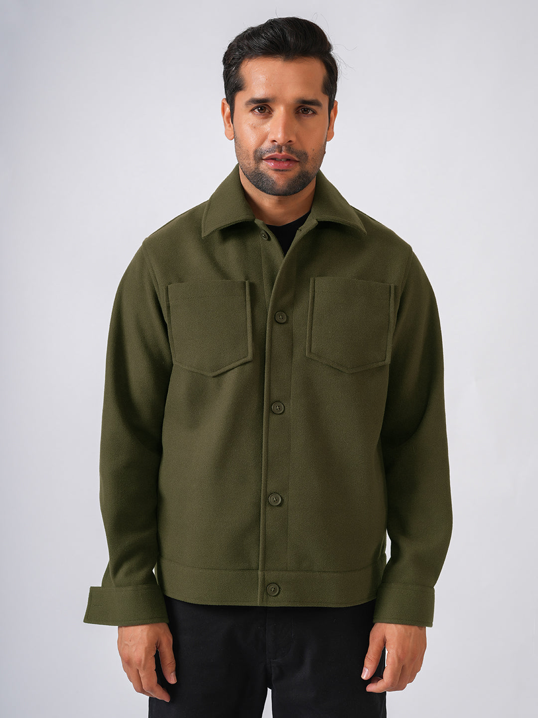 Olive Green Solid Woolen Crop Jacket