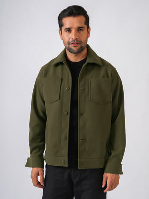 Olive Green Solid Woolen Crop Jacket