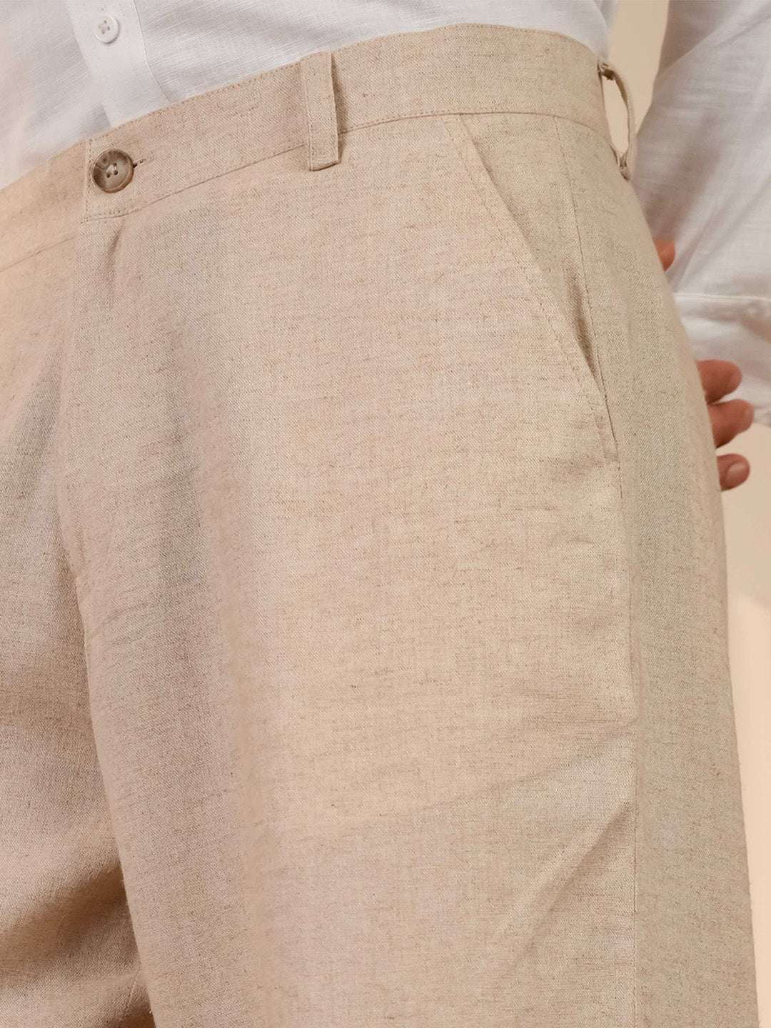 Natural Grain Beige Solid Linen Cotton Relaxed Fit Pants