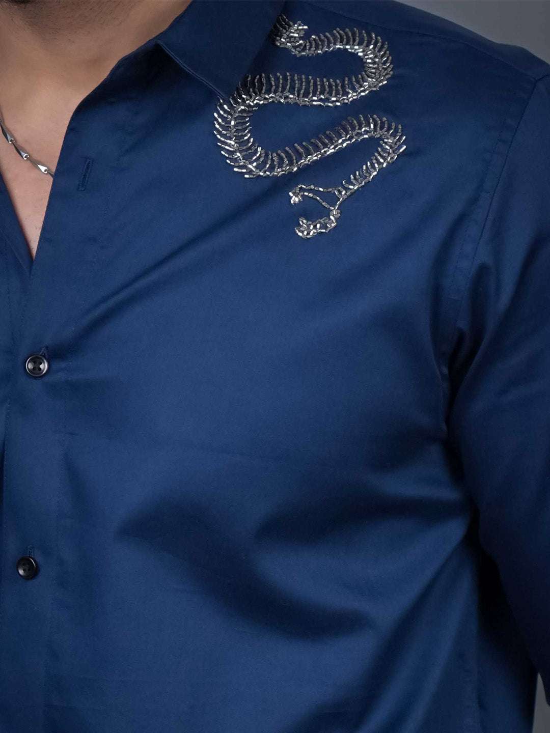 Navy Sequin Cotton Satin Slim Fit Shirt