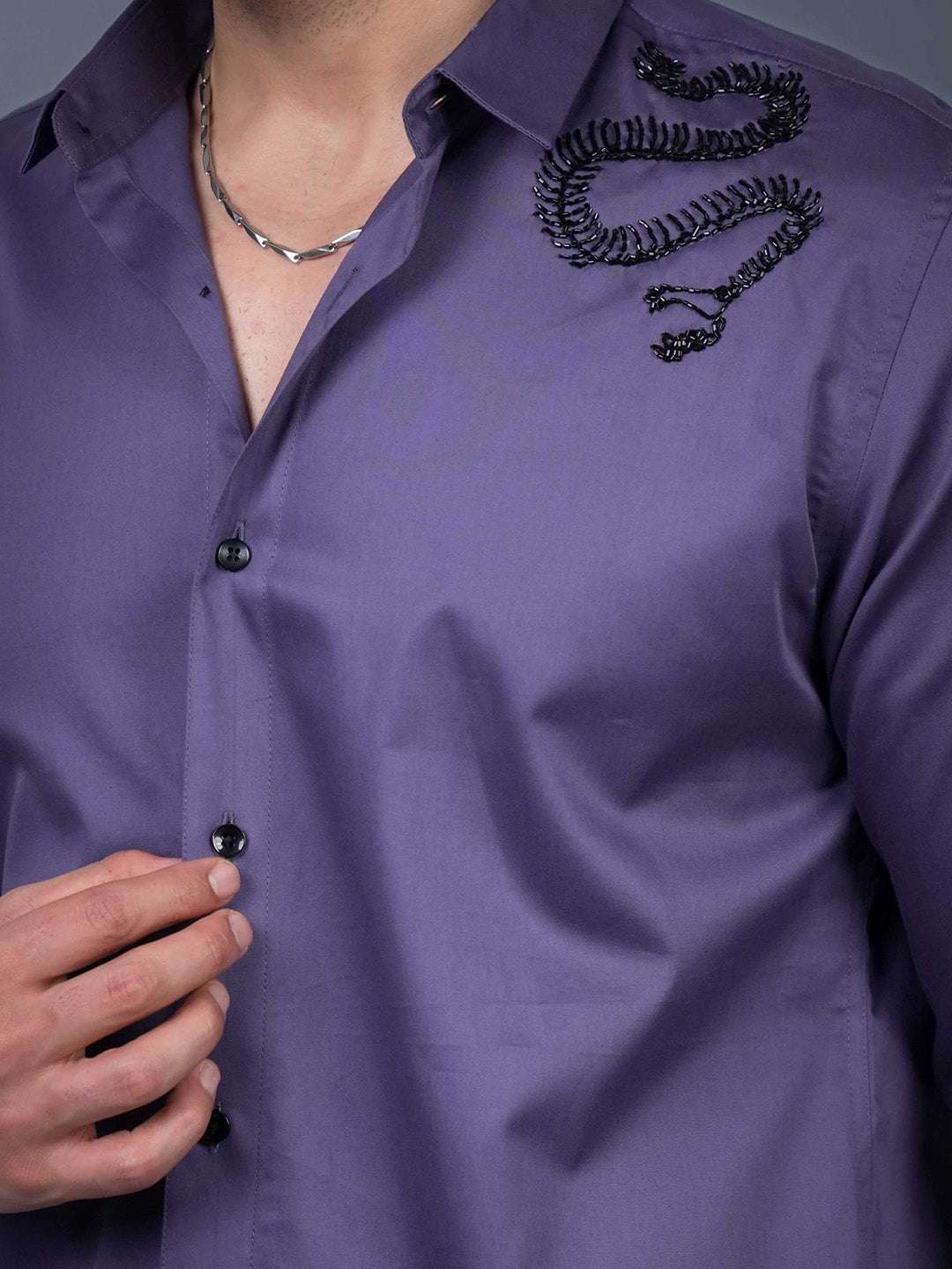 Purple Sequin Cotton Satin Slim Fit Shirt