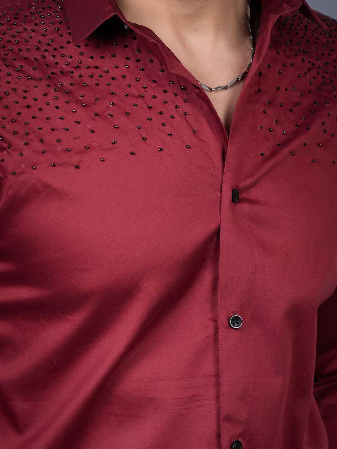 Intense Red Sequin Cotton Satin Slim Fit Shirt