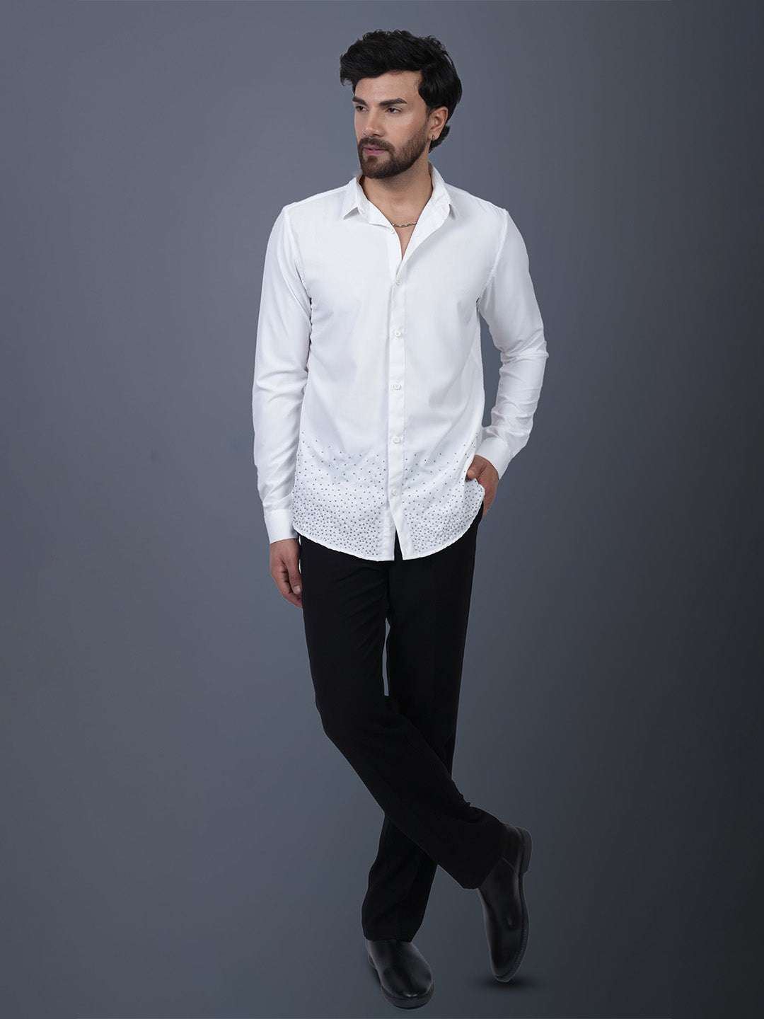 White Sequin Cotton Satin Slim Fit Shirt
