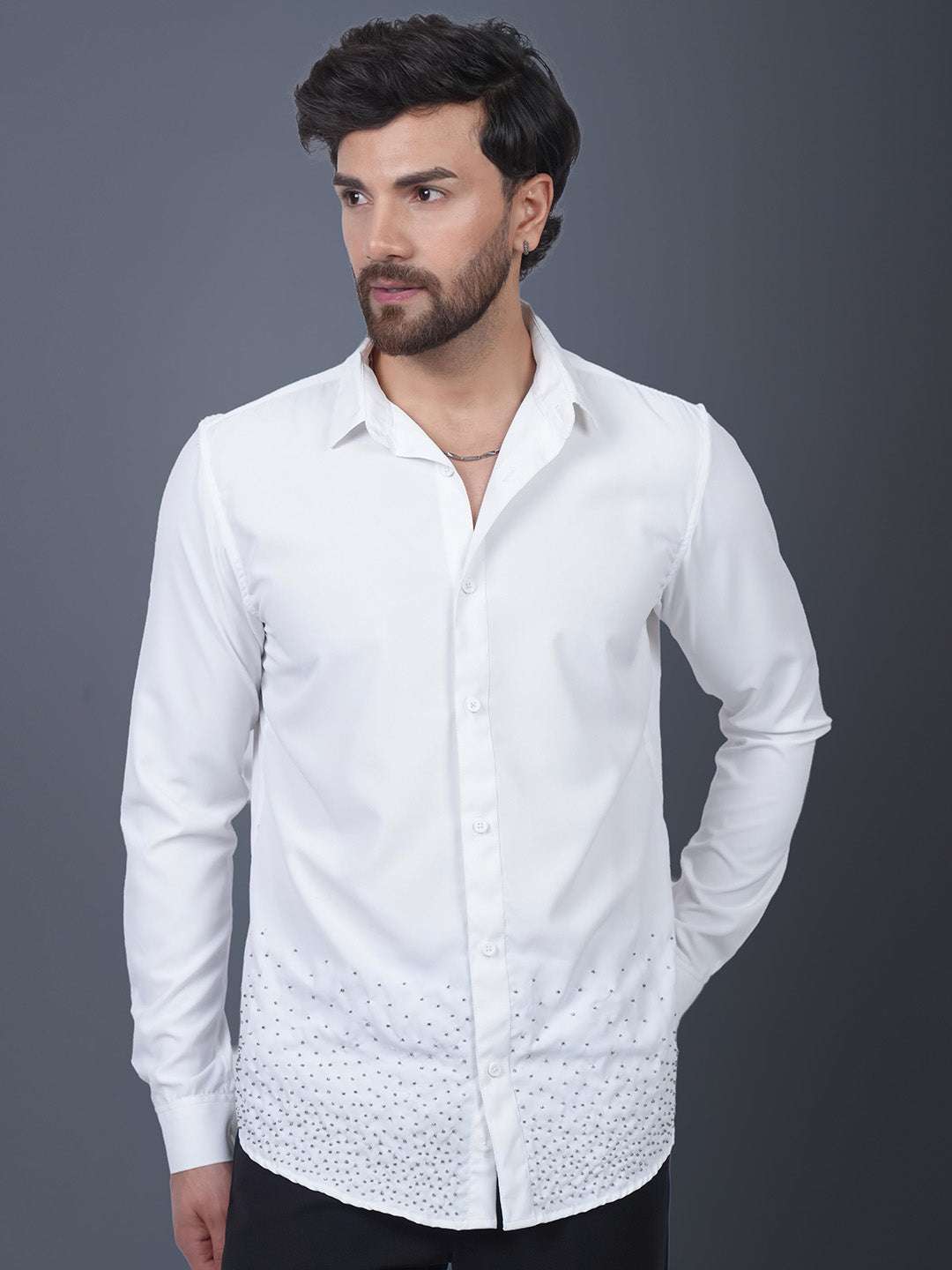 White Sequin Cotton Satin Slim Fit Shirt