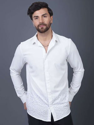 White Sequin Cotton Satin Slim Fit Shirt