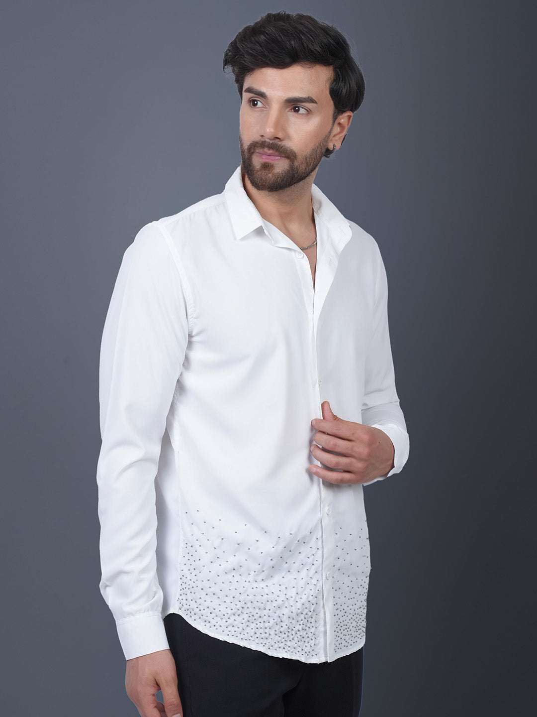 White Sequin Cotton Satin Slim Fit Shirt