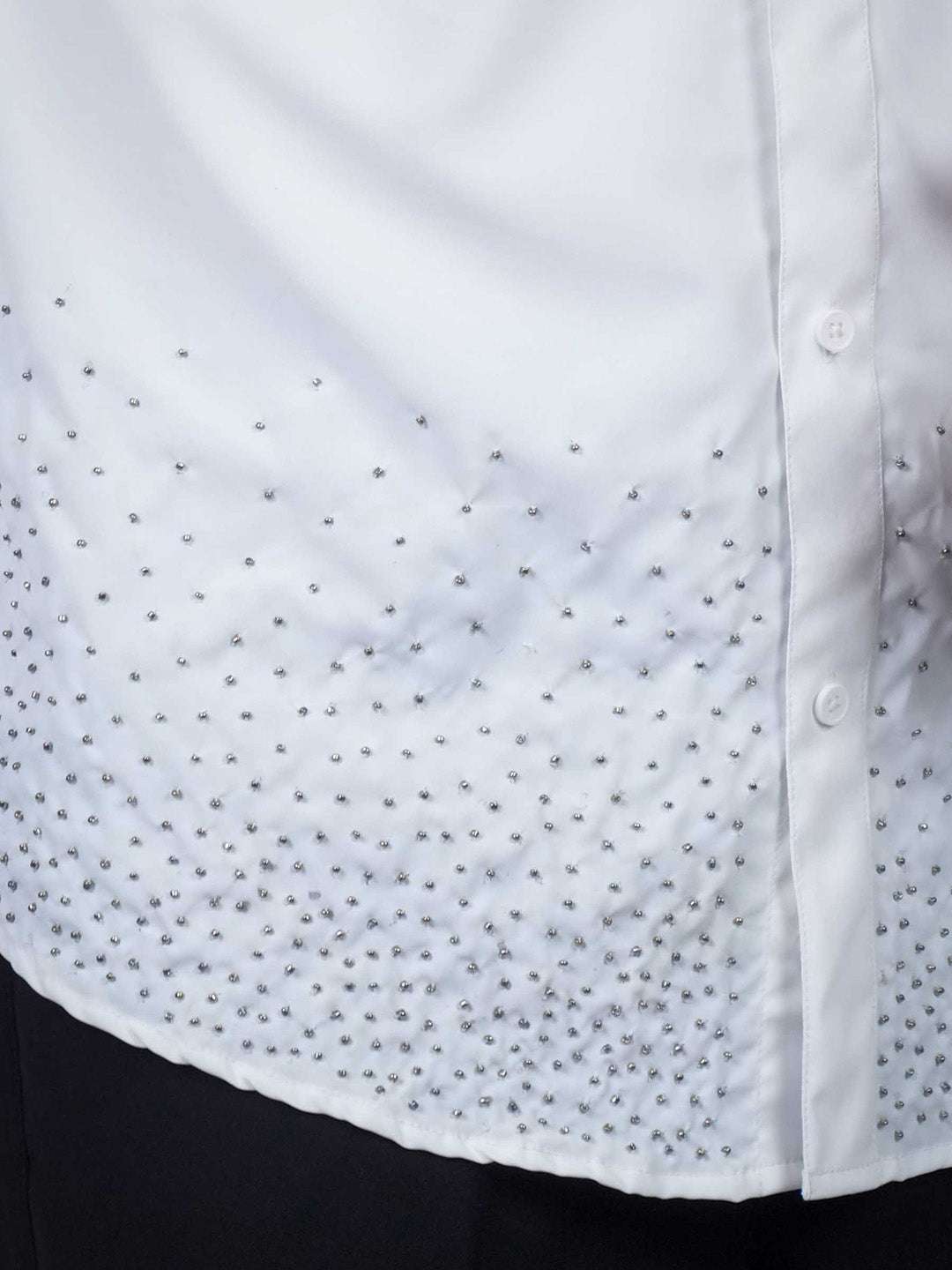White Sequin Cotton Satin Slim Fit Shirt