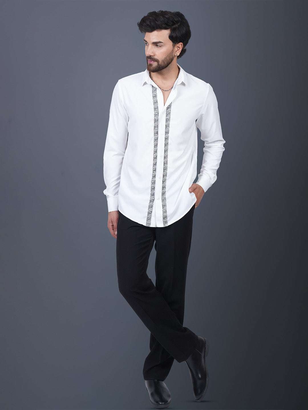White Sequin Cotton Satin Slim Fit Shirt