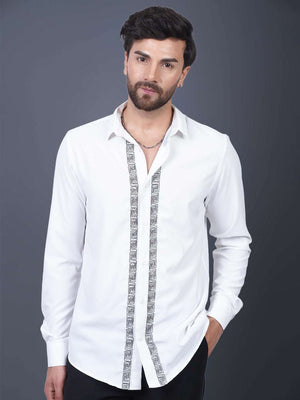 White Sequin Cotton Satin Slim Fit Shirt