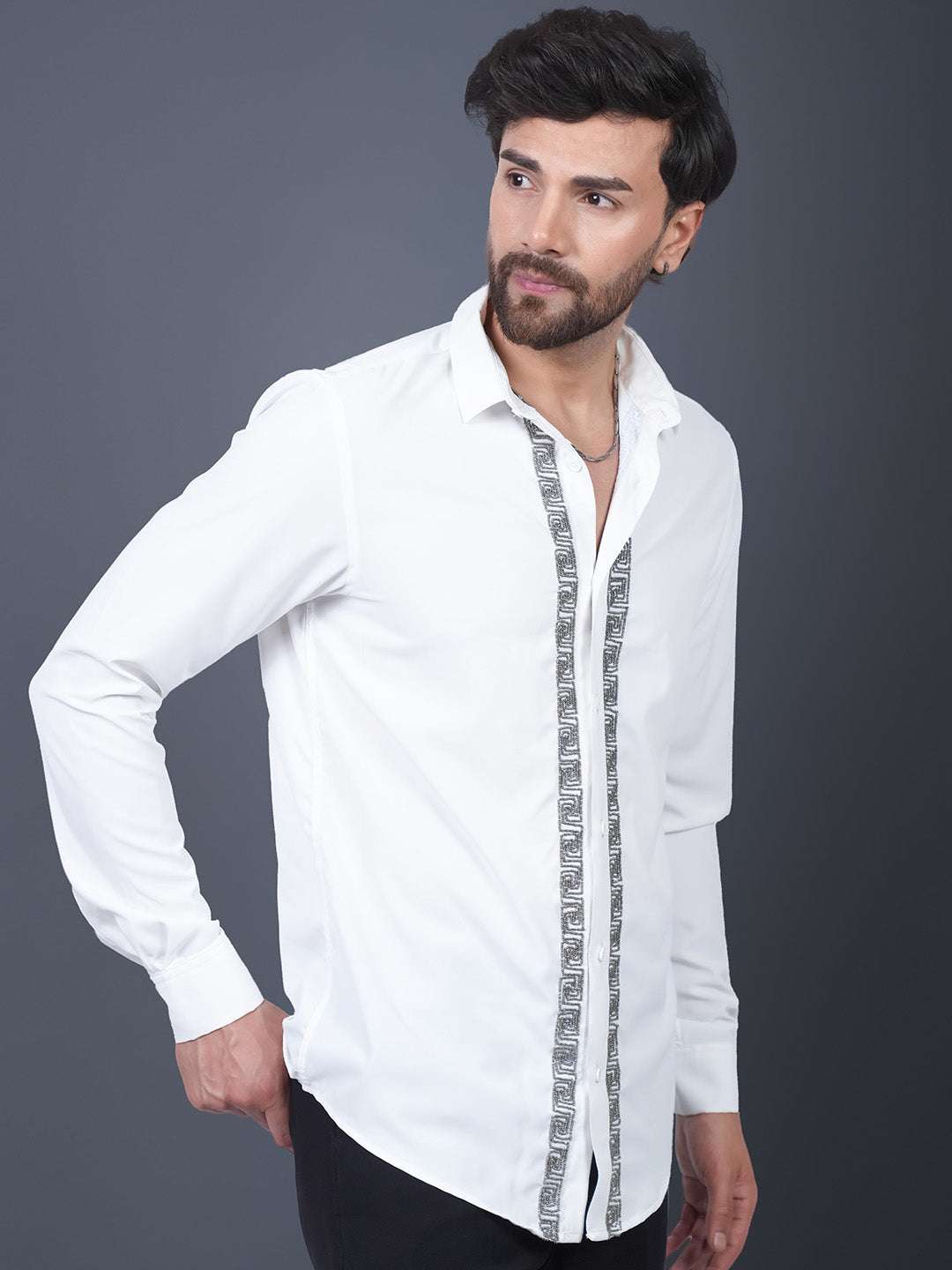 White Sequin Cotton Satin Slim Fit Shirt