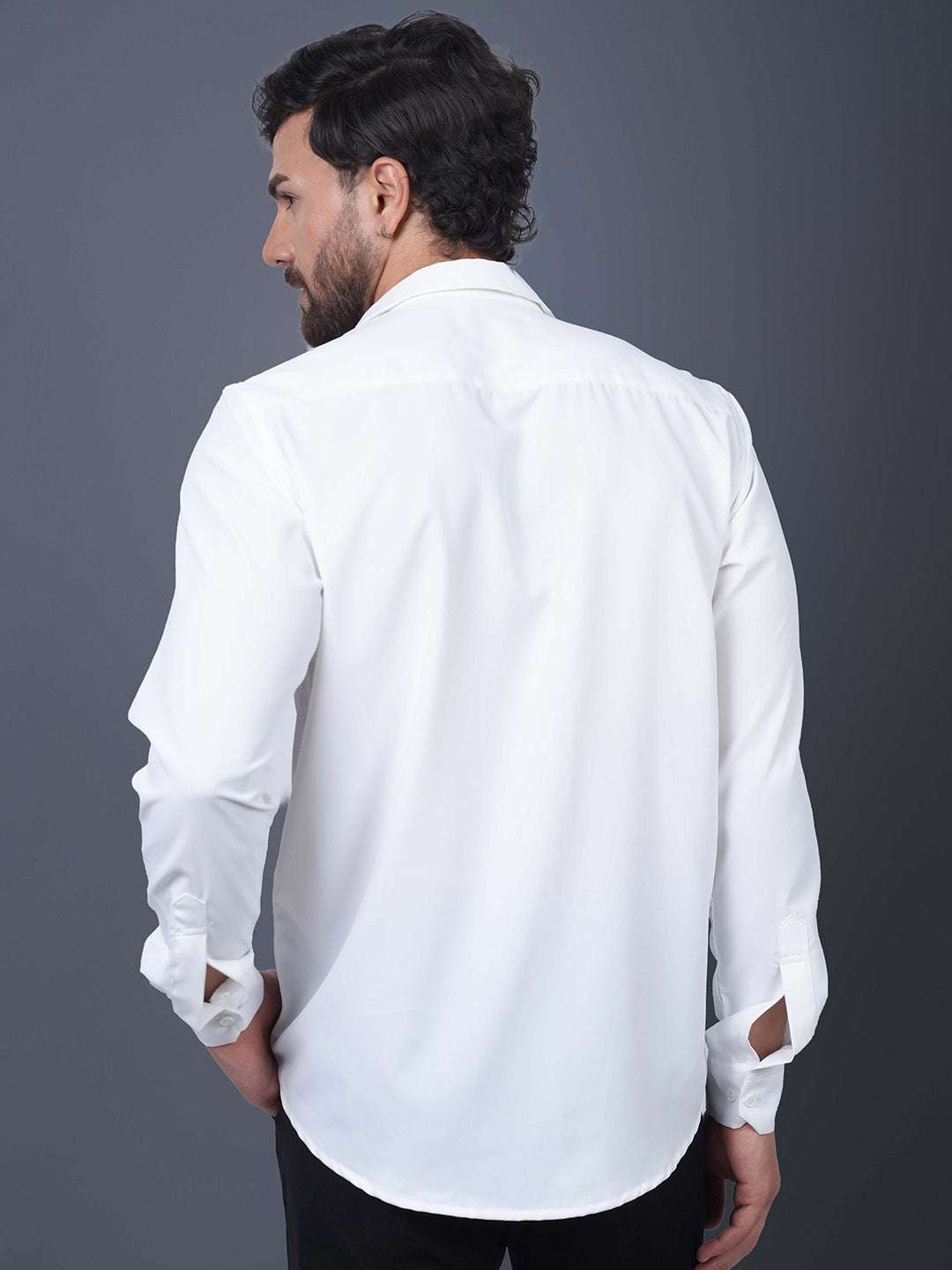 White Sequin Cotton Satin Slim Fit Shirt