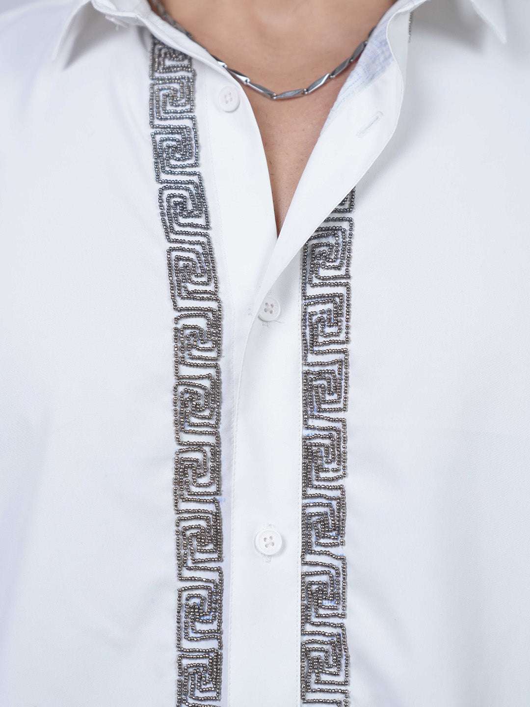 White Sequin Cotton Satin Slim Fit Shirt