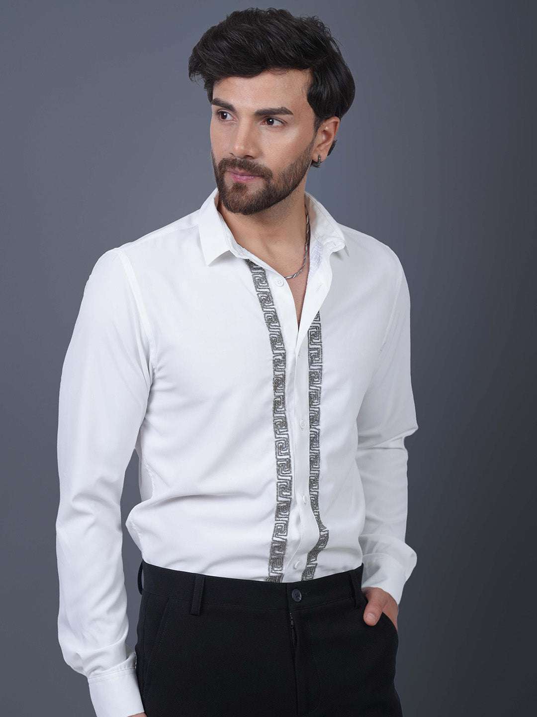 White Sequin Cotton Satin Slim Fit Shirt