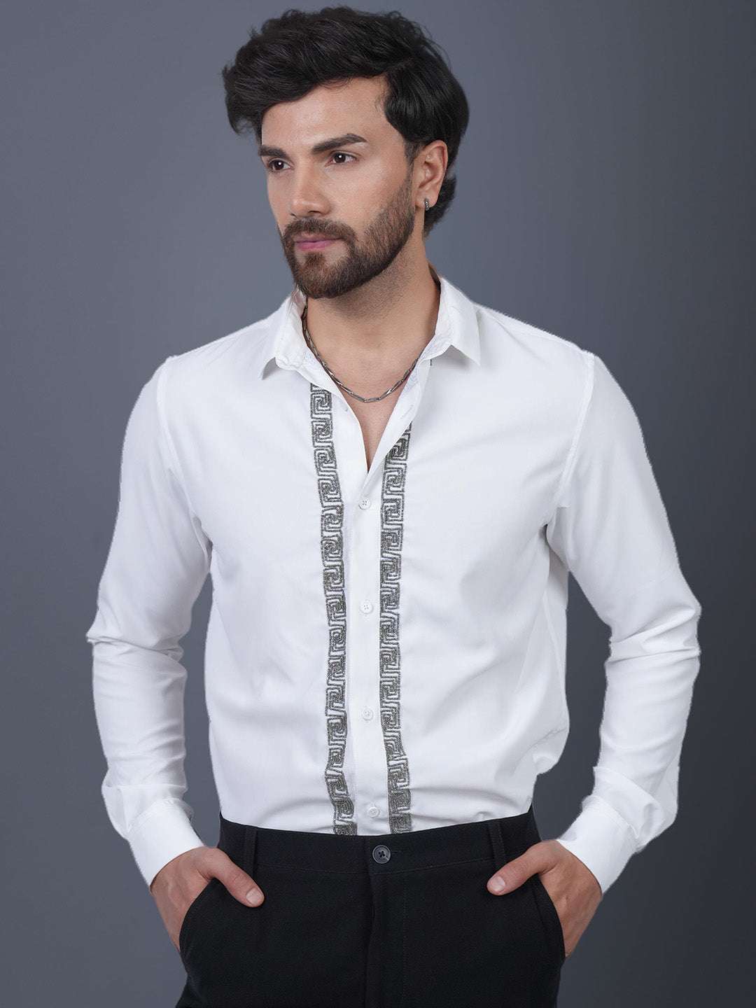 White Sequin Cotton Satin Slim Fit Shirt