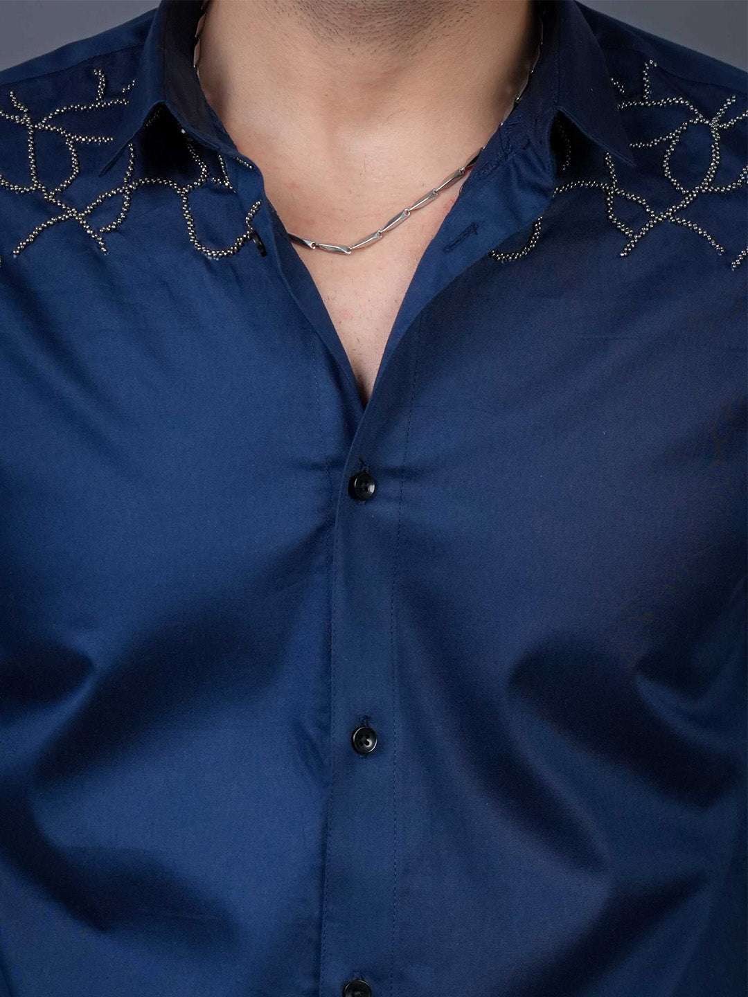 Navy Sequin Cotton Satin Slim Fit Shirt