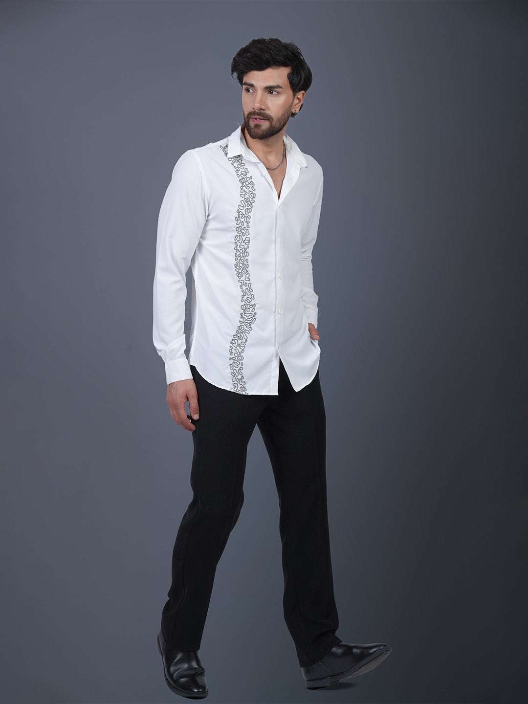 White Sequin Cotton Satin Slim Fit Shirt
