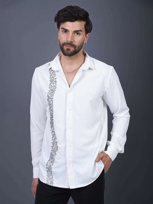 White Sequin Cotton Satin Slim Fit Shirt