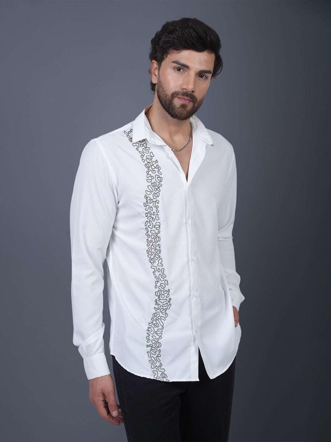 White Sequin Cotton Satin Slim Fit Shirt