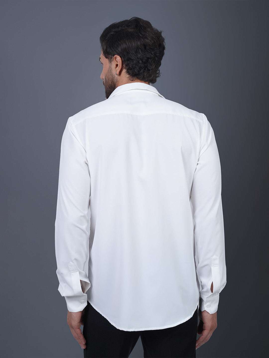 White Sequin Cotton Satin Slim Fit Shirt