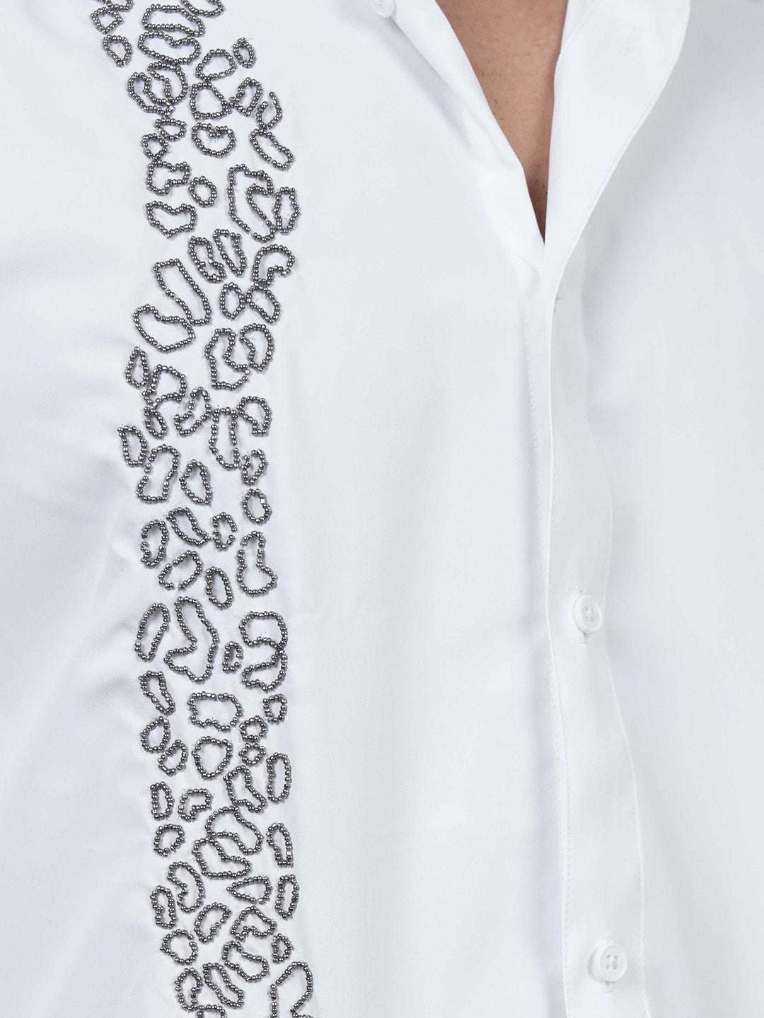 White Sequin Cotton Satin Slim Fit Shirt