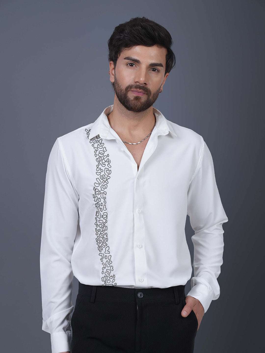 White Sequin Cotton Satin Slim Fit Shirt