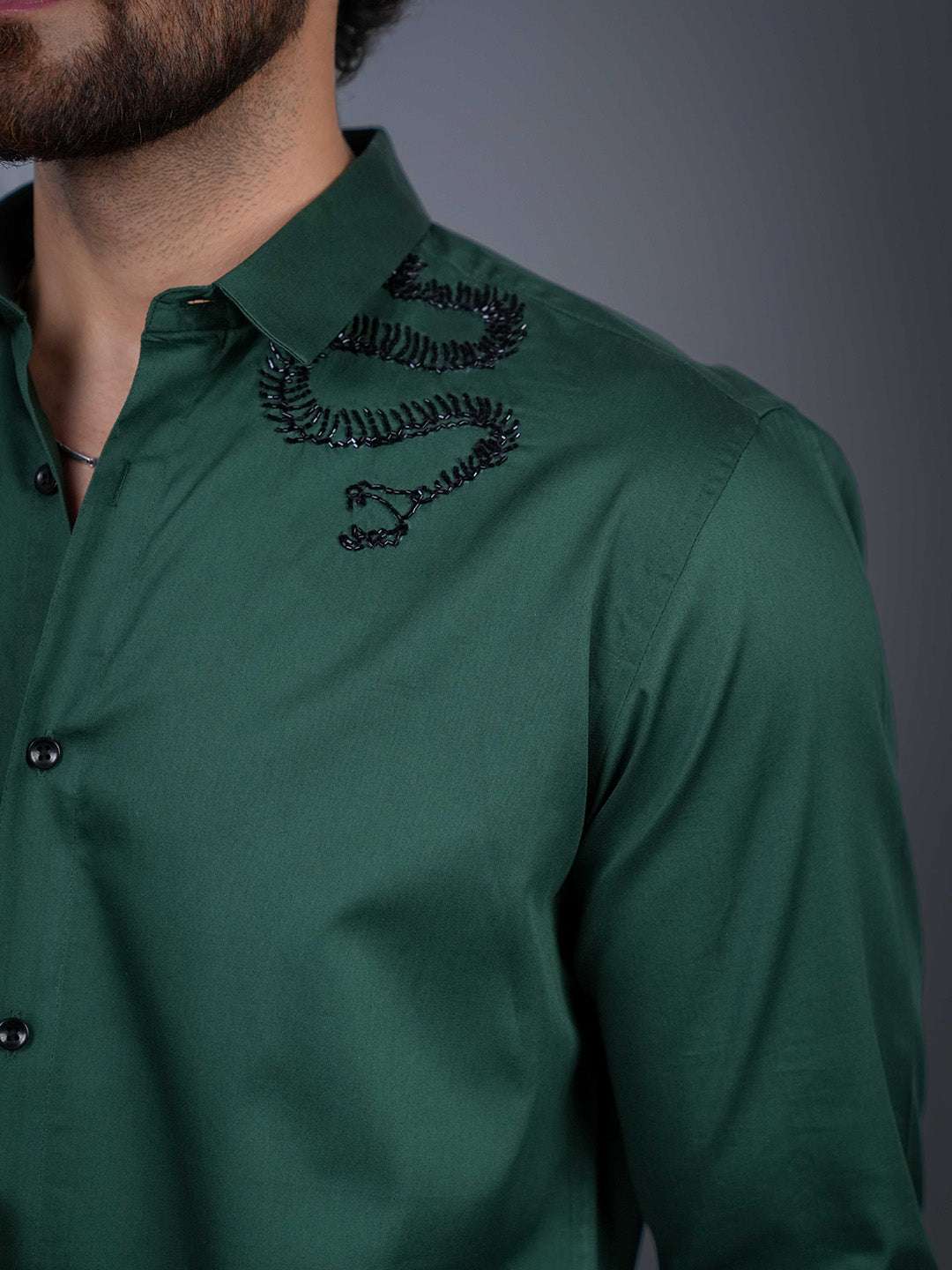 English Green Sequin Cotton Satin Slim Fit Shirt