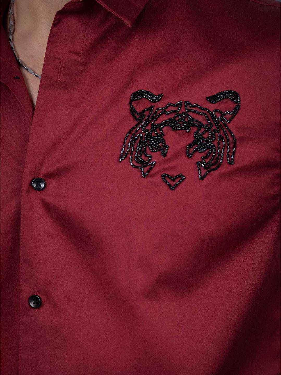 Intense Red Sequin Cotton Satin Slim Fit Shirt