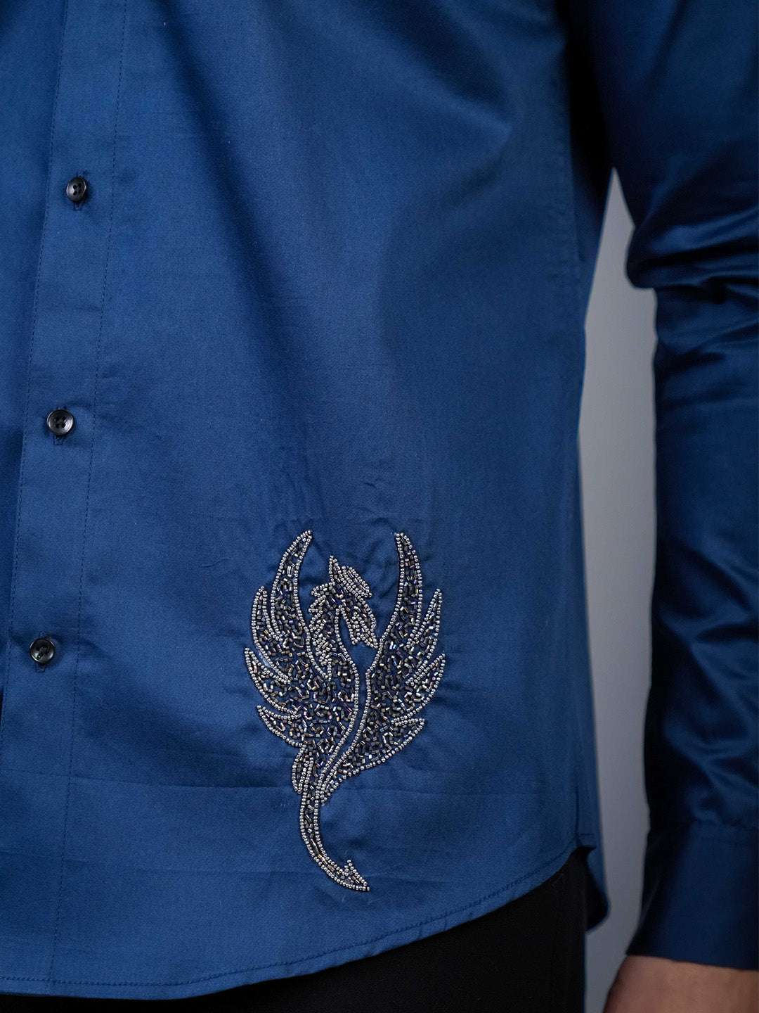 Navy Sequin Cotton Satin Slim Fit Shirt