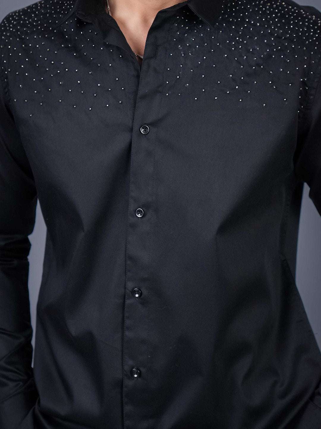 Black Sequin Cotton Satin Slim Fit Shirt