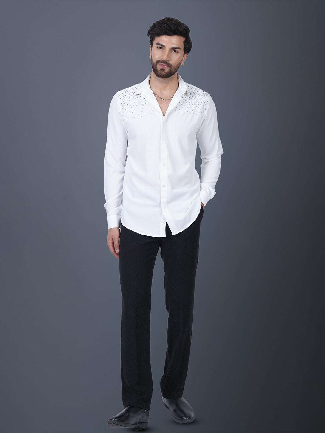 White Sequin Cotton Satin Slim Fit Shirt