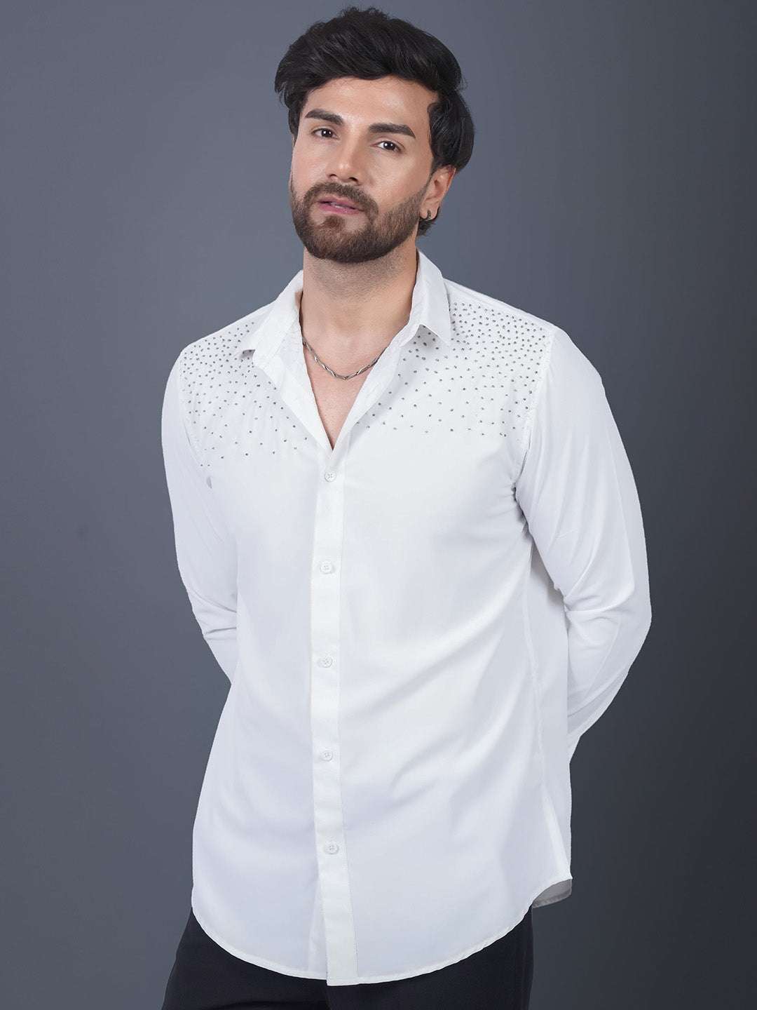 White Sequin Cotton Satin Slim Fit Shirt